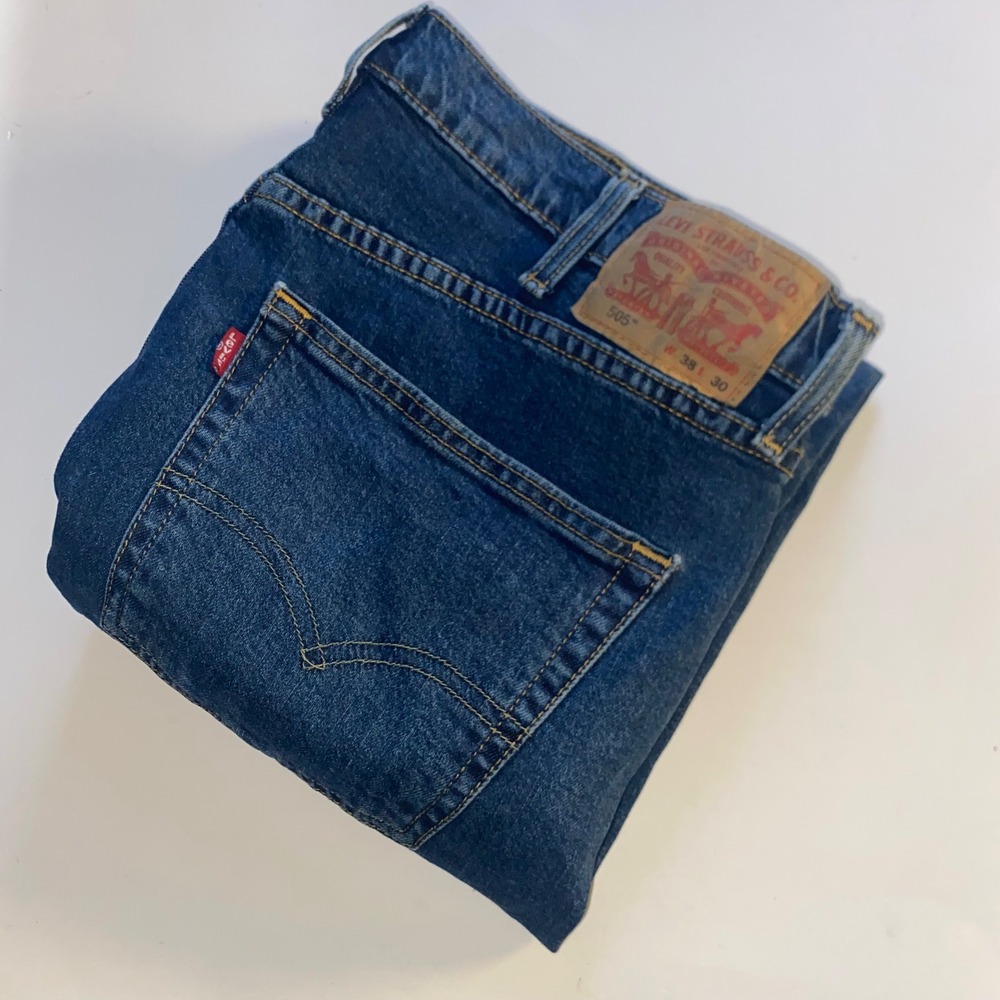 Levis 505 Regular Fit Straight Leg Jeans Mens 38x30 Dark Wash Blue Denim